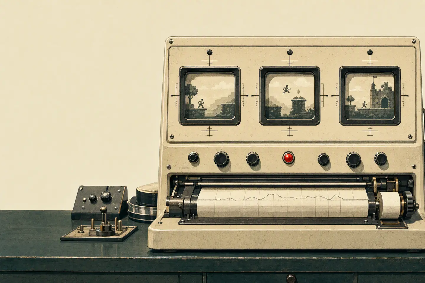 A cream mid-century test instrument showing three sequential platform-game frames